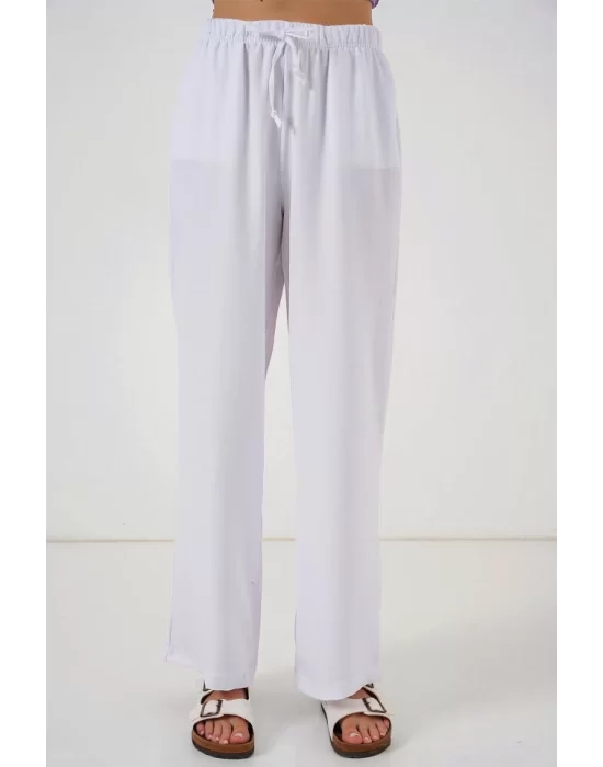 Geniş Paça Keten Pantolon 6735 - Beyaz