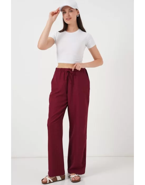 Geniş Paça Keten Pantolon 6735 - Bordo