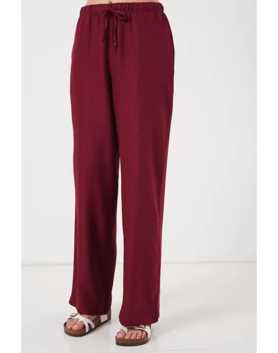 Geniş Paça Keten Pantolon 6735 - Bordo