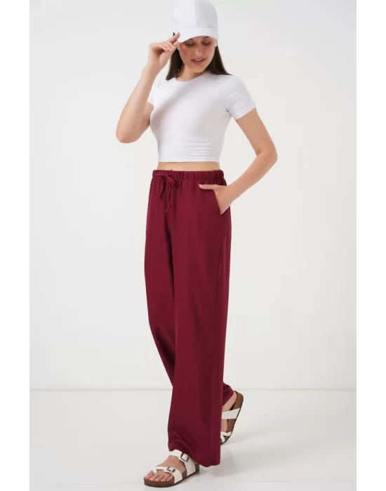 Geniş Paça Keten Pantolon 6735 - Bordo