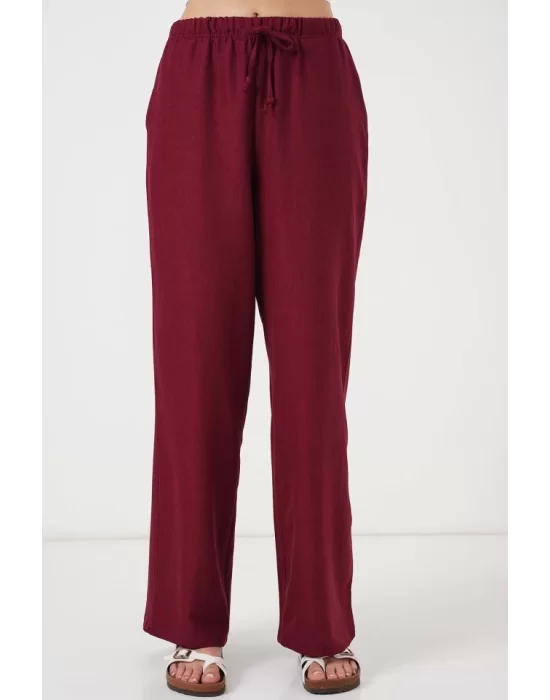 Geniş Paça Keten Pantolon 6735 - Bordo