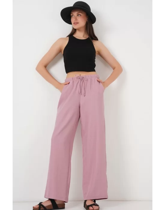 Geniş Paça Keten Pantolon 6735 - Gül Kurusu