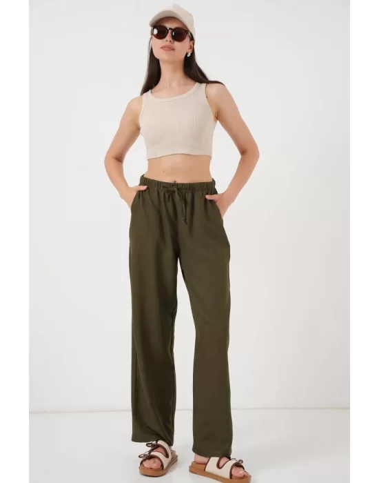 Geniş Paça Keten Pantolon 6735 - Haki