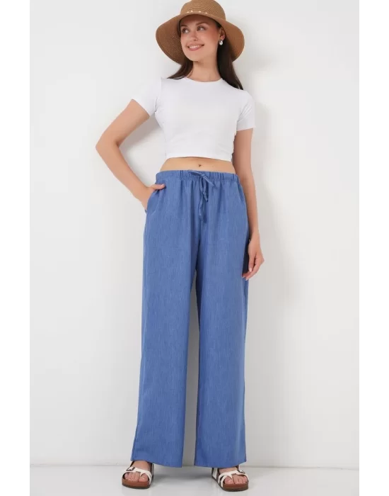 Geniş Paça Keten Pantolon 6735 - İndigo