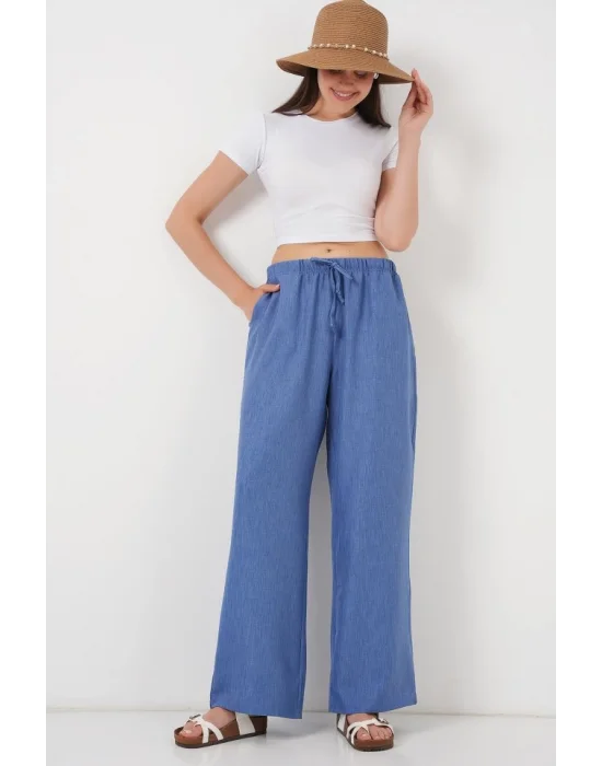 Geniş Paça Keten Pantolon 6735 - İndigo