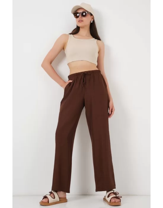 Geniş Paça Keten Pantolon 6735 - Kahverengi