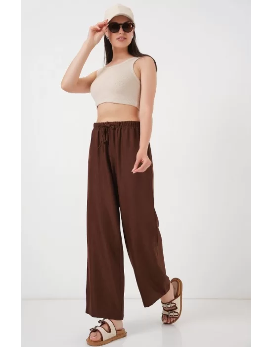 Geniş Paça Keten Pantolon 6735 - Kahverengi