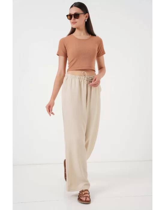 Geniş Paça Keten Pantolon 6735 - Krem
