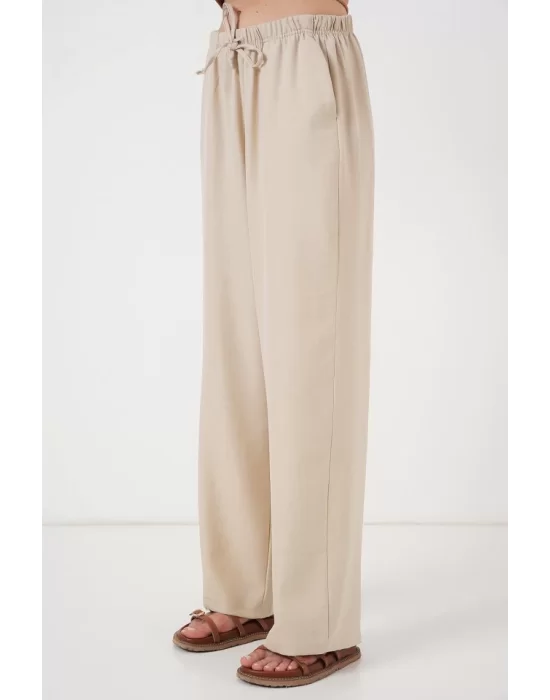 Geniş Paça Keten Pantolon 6735 - Krem