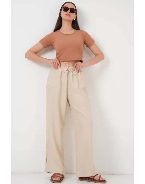 Geniş Paça Keten Pantolon 6735 - Krem