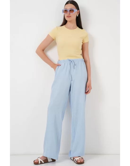 Geniş Paça Keten Pantolon 6735 - Mavi