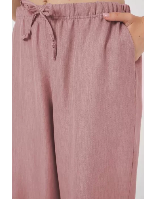 Geniş Paça Keten Pantolon 6735 - Pudra
