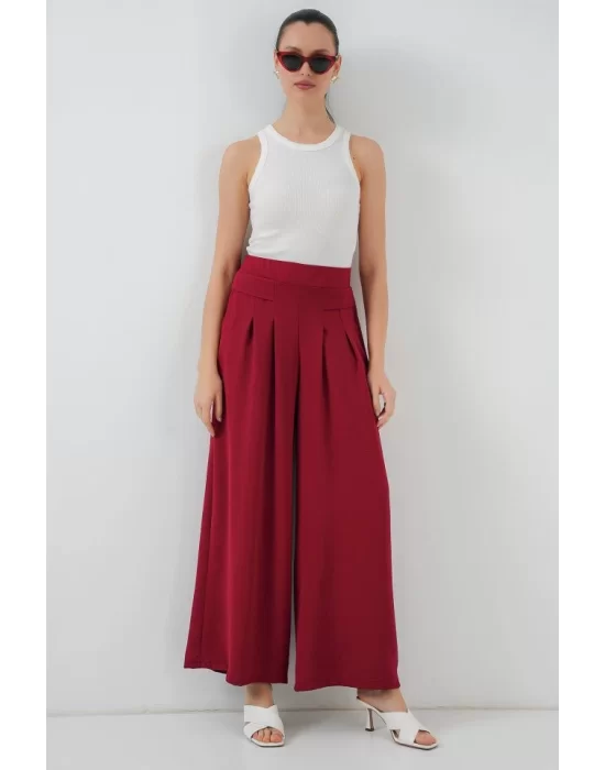 Geniş Paça Pileli Pantolon 6718 - Kırmızı