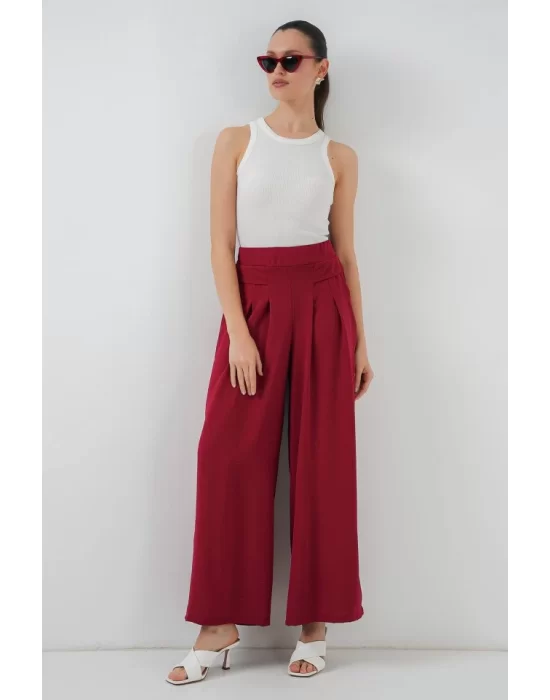 Geniş Paça Pileli Pantolon 6718 - Kırmızı