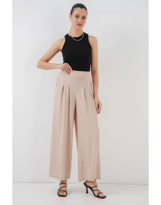 Geniş Paça Pileli Pantolon 6718 - Krem