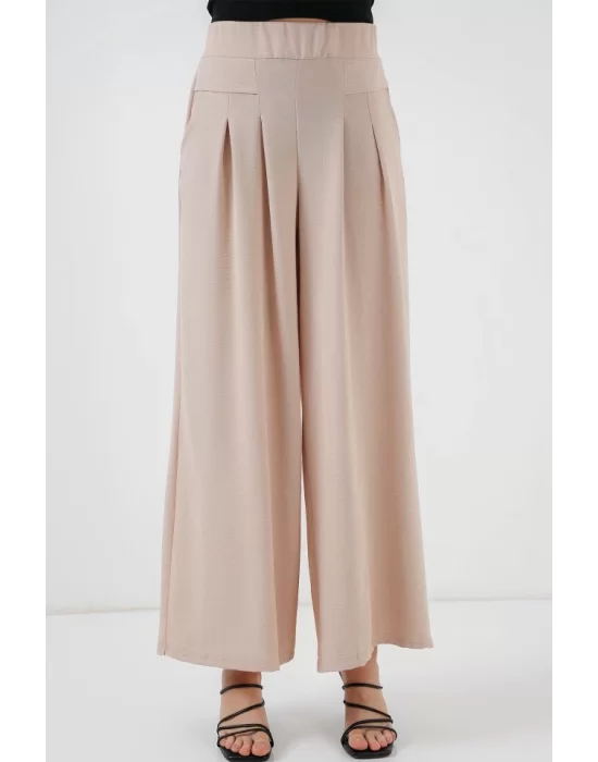 Geniş Paça Pileli Pantolon 6718 - Krem