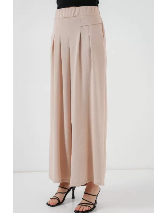 Geniş Paça Pileli Pantolon 6718 - Krem