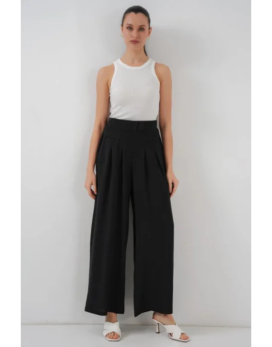Geniş Paça Pileli Pantolon 6718 - Siyah