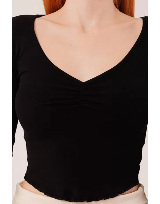 Geniş Yaka Siyah Basic Body Bluz