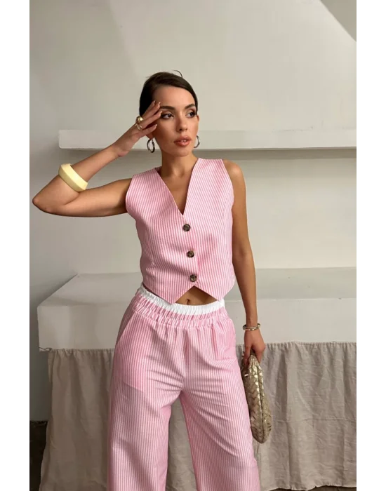 GOFRE ÇİZGİLİ YELEK - PANTOLON TAKIM - Pembe