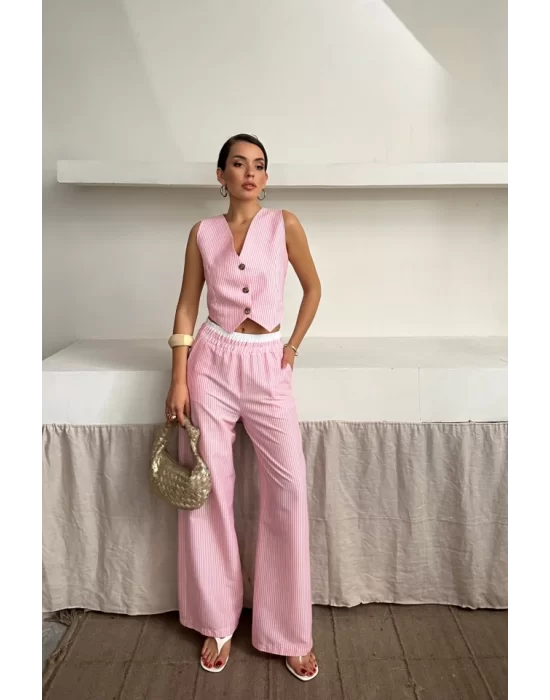 GOFRE ÇİZGİLİ YELEK - PANTOLON TAKIM - Pembe