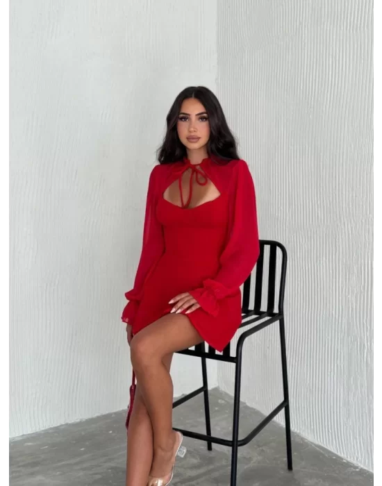 Göğsü Bağlamalı Kalp Yaka Kolları Şifon Mini Elbise - Kırmızı