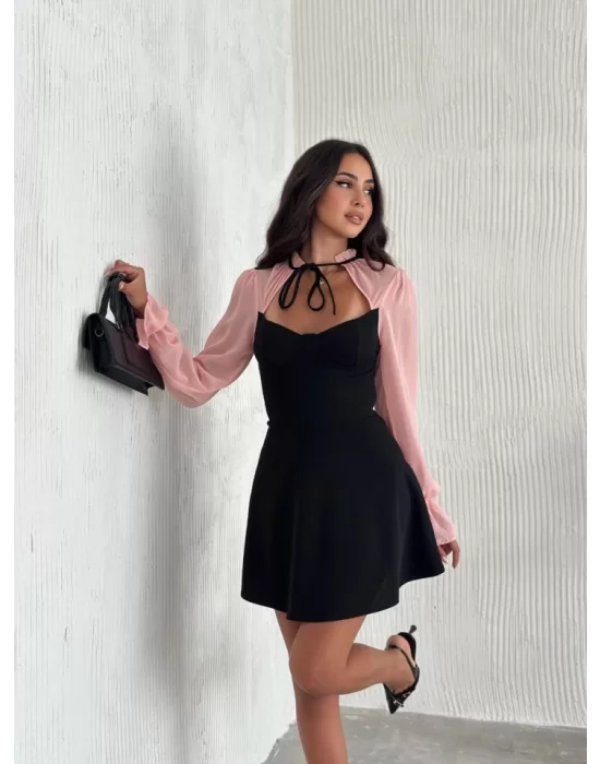 Göğsü Bağlamalı  Kalp Yaka Kolları Şifon Mini Elbise - Siyah Pembe