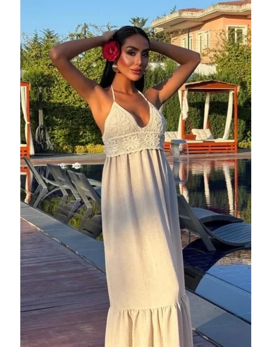 Göğsü Trikolu Keten Uzun Elbise 2904-08