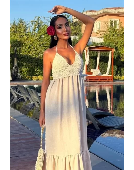 Göğsü Trikolu Keten Uzun Elbise 2904-08