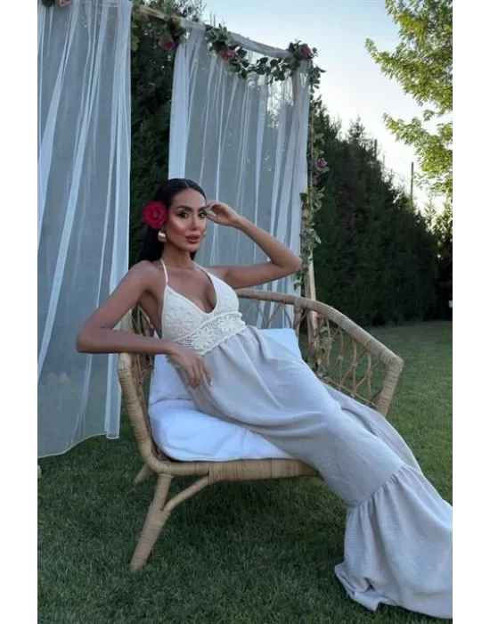 Göğsü Trikolu Keten Uzun Elbise 2904-08