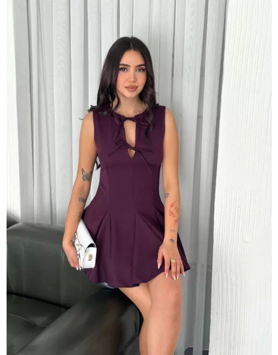 Göğüs Bağlamalı Kolsuz Mini Boy Elbise - Gül Kurusu