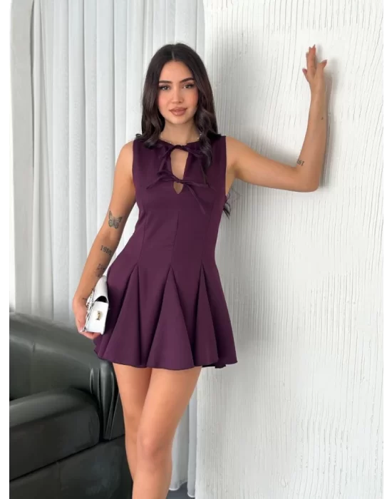Göğüs Bağlamalı Kolsuz Mini Boy Elbise - Gül Kurusu