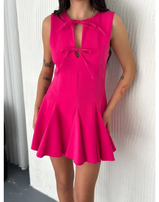 Göğüs Bağlamalı Kolsuz Mini Boy Elbise - Pembe