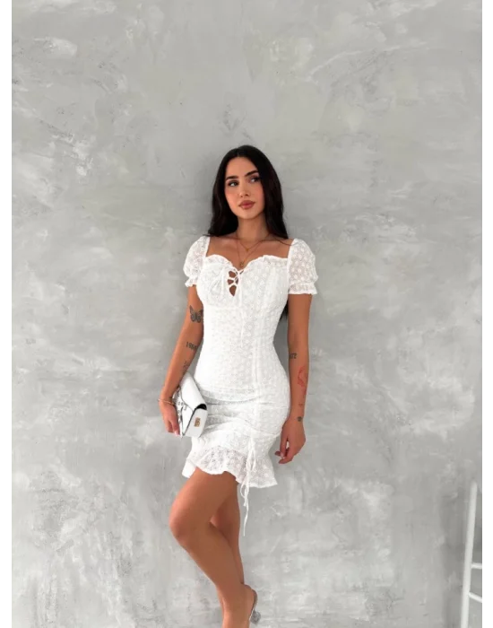 Göğüs Bağlamalı Mini Elbise - Beyaz