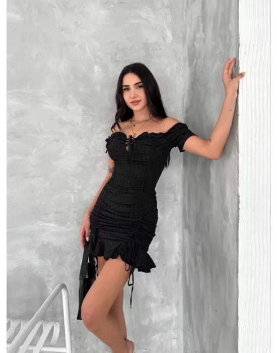 Göğüs Bağlamalı Mini Elbise - Siyah