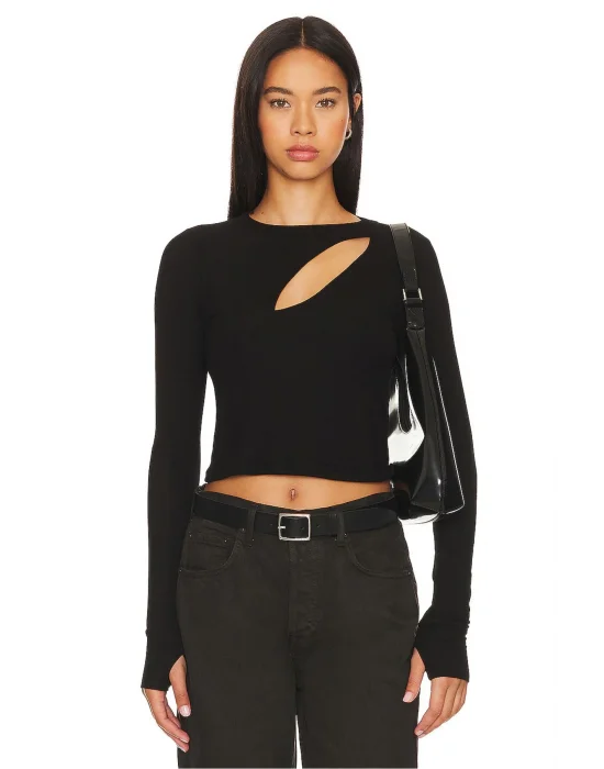 MetuCa Kadın Siyah Pencere Dekolteli Uzun Kollu Parmak Geçmeli Sandy Kumaş Crop Bluz