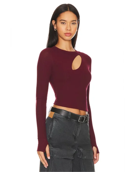 MetuCa Kadın Bordo Pencere Dekolteli Uzun Kollu Parmak Geçmeli Sandy Kumaş Crop Bluz