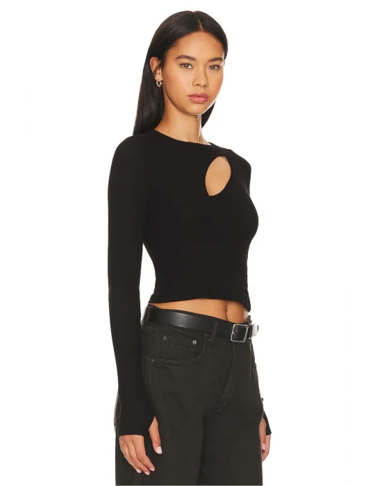 MetuCa Kadın Siyah Pencere Dekolteli Uzun Kollu Parmak Geçmeli Sandy Kumaş Crop Bluz