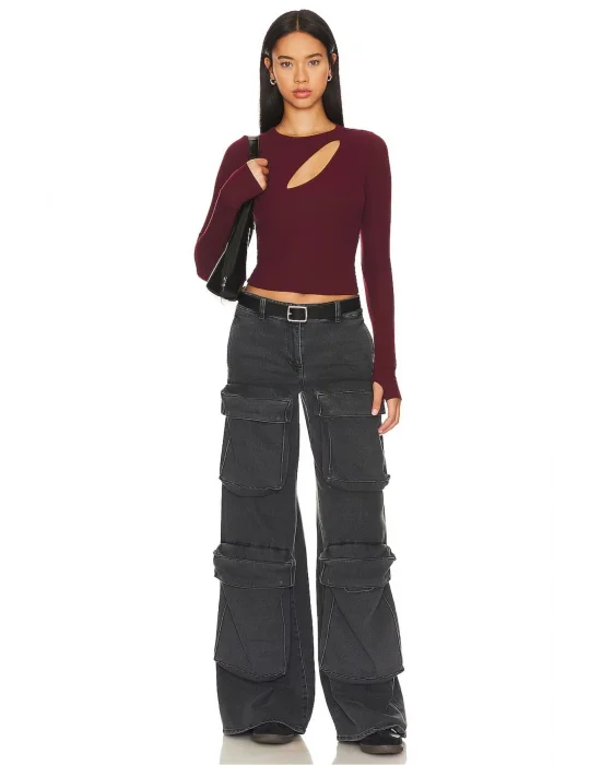 MetuCa Kadın Bordo Pencere Dekolteli Uzun Kollu Parmak Geçmeli Sandy Kumaş Crop Bluz