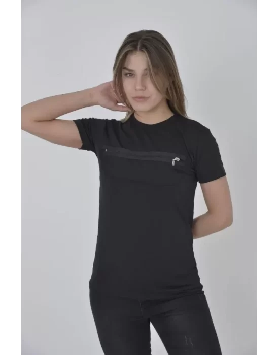 Göğüste Fermuar Aksesuarlı Dar Kalıp T-Shirt - Siyah