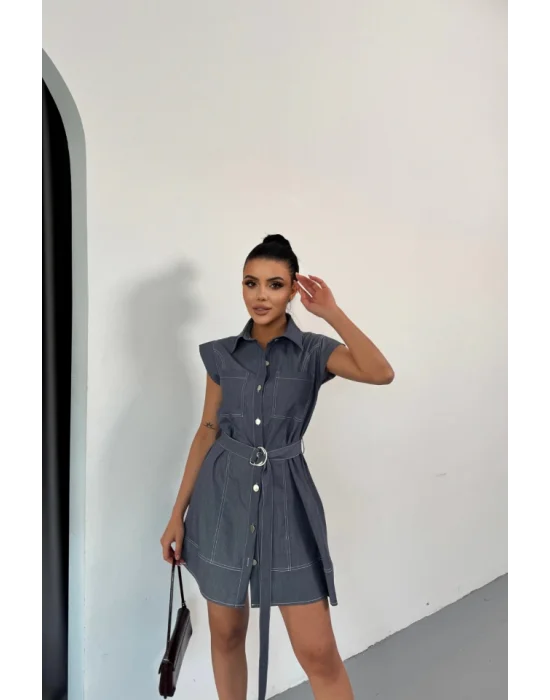 GÖMLEK ELBİSE KOLSUZ TENCEL KUMAŞ - Mavi