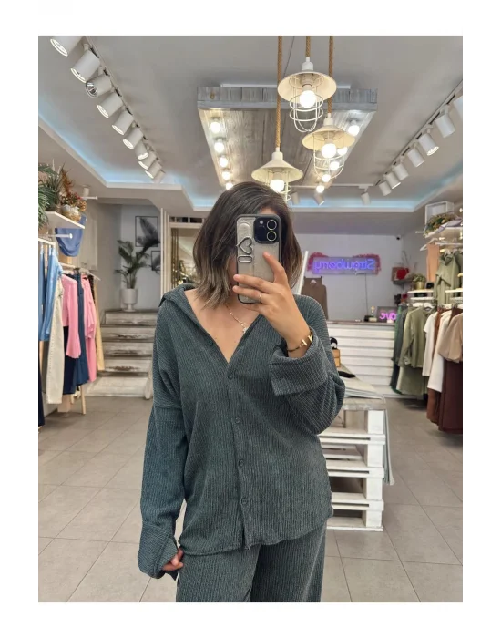 MetuCa Kadın Zümrüt Pamuk Bürümcük Takım Gömlek ve Beli Lastikli Geniş Paça Pantolon