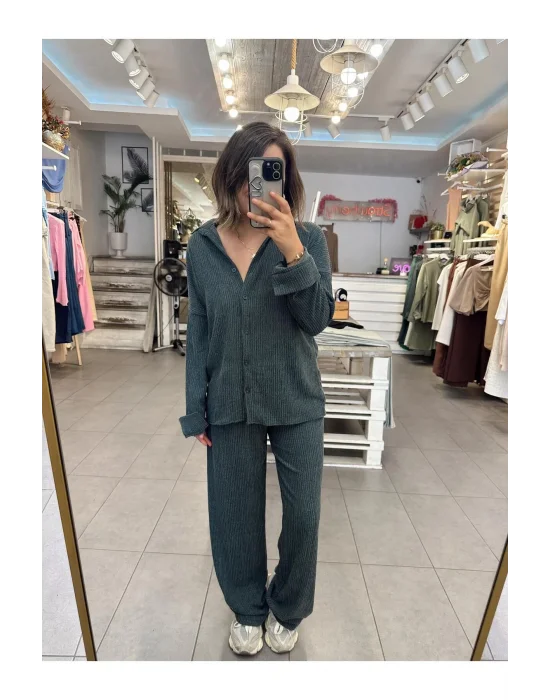 MetuCa Kadın Zümrüt Pamuk Bürümcük Takım Gömlek ve Beli Lastikli Geniş Paça Pantolon