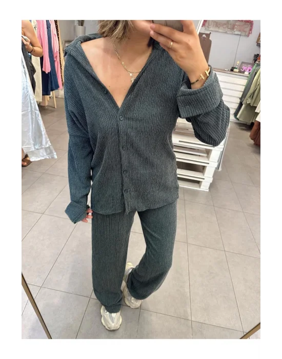 MetuCa Kadın Zümrüt Pamuk Bürümcük Takım Gömlek ve Beli Lastikli Geniş Paça Pantolon