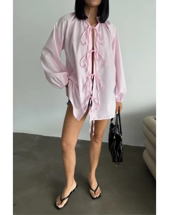 GÖMLEK POPLİN HAKİM YAKA ÖNDEN BAĞLAMA İP DETAYLI - Pembe