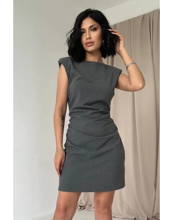 Gri Yanı Büzgülü Sıfır Kol Elbise