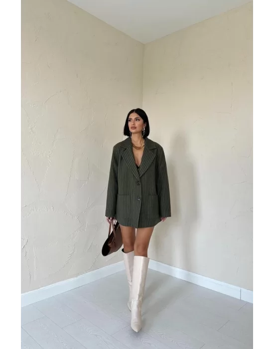 Haki Çizgili Oversize Ceket