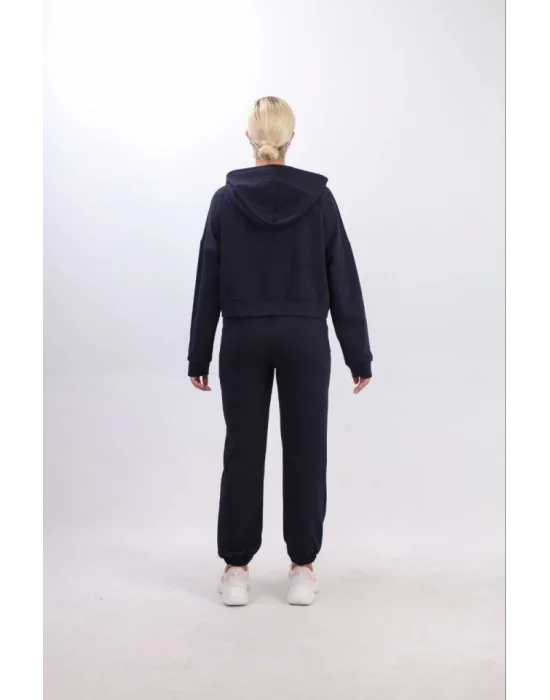 Iki Iplik Kapüşonlu Fermuarlı Crop Oversize Hırka Takım- Lacivert