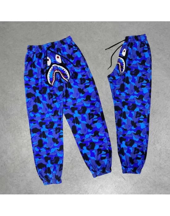 İki İplik Mevsimlik Bape Nakişli Eşofman Pantolon - Mavi