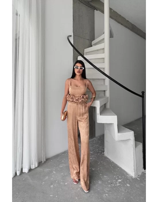 JAKARLI BLUZU TASARIM DETAYLI CEKET-PANTOLON-BLUZ 3 LÜ TAKIM - Bej